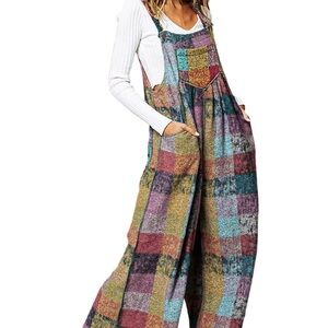 BiBi Boho Chic Multicolor
Checkered Wide Leg Jumpsuit Overalls NWOT